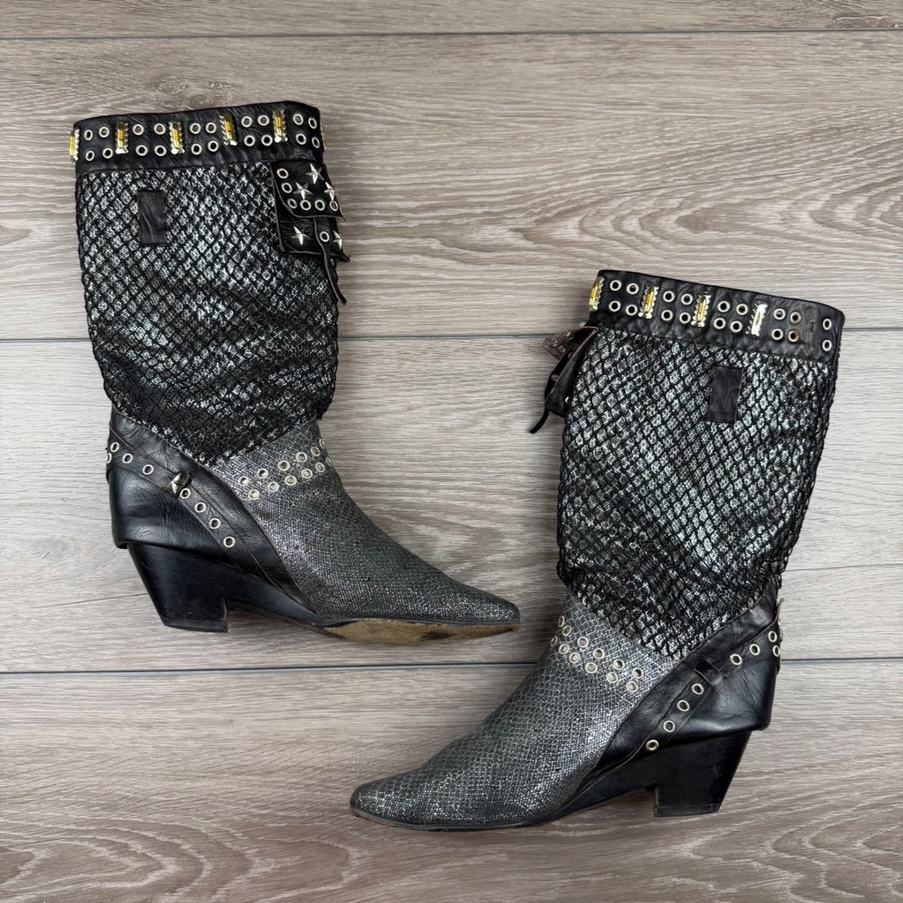 El Vaquero Women Boots Studded Grommet Metallic Mesh Leather Black Silver 40